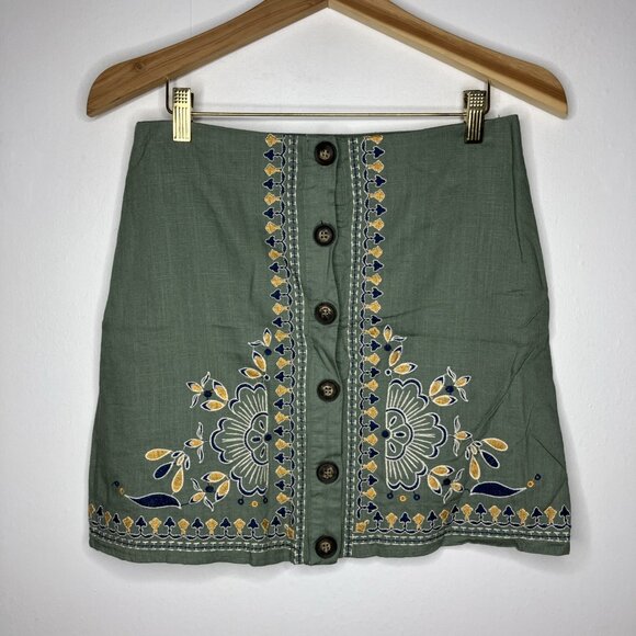 Blue Rain Skirt Linen Blend Green Button Front Floral Embroidered Women's Small - Picture 1 of 7